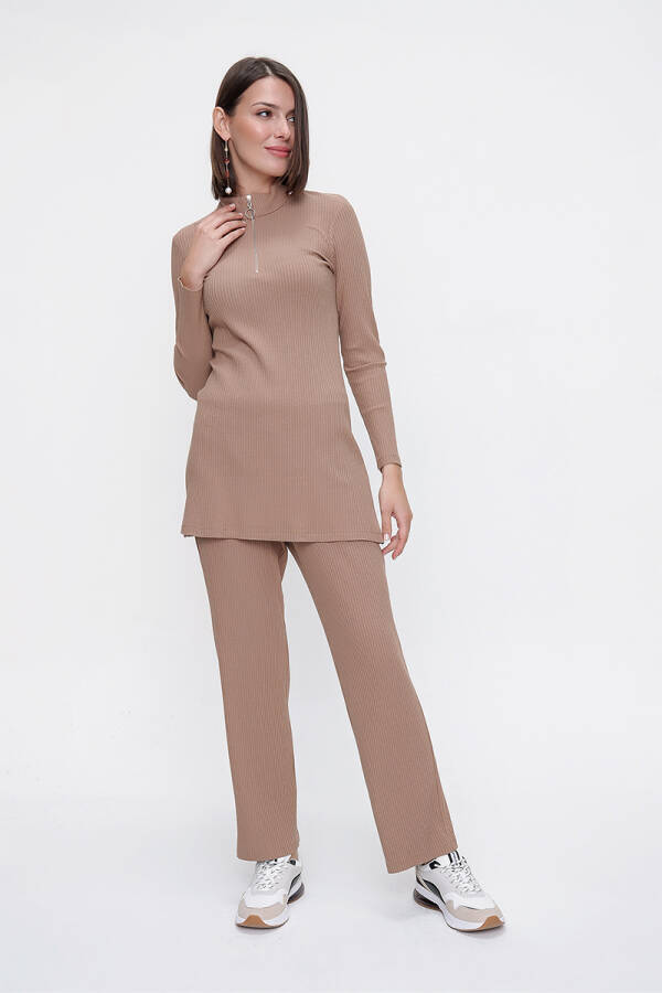 Kahverengi Fitilli Triko Fermuar Detaylı Tunik - 4