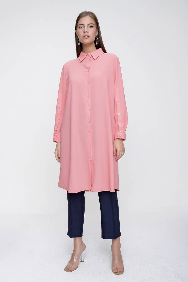 Pembe Kolları Düğme Detaylı Tunik - 1