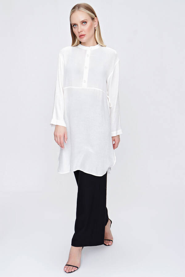 Ekru İşleme Detaylı Yanları Bağcıklı Tunik - 5