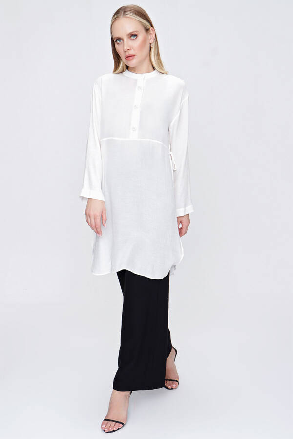 Ekru İşleme Detaylı Yanları Bağcıklı Tunik - 3