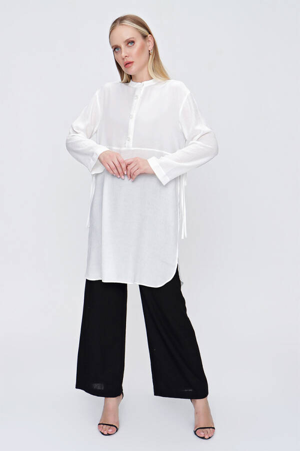 Ekru İşleme Detaylı Yanları Bağcıklı Tunik - 4