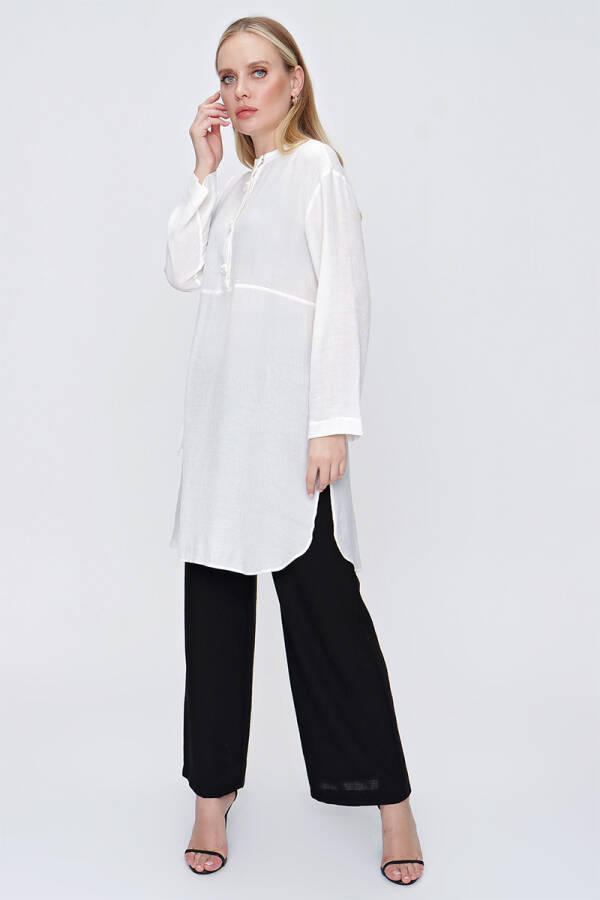 Ekru İşleme Detaylı Yanları Bağcıklı Tunik - 5
