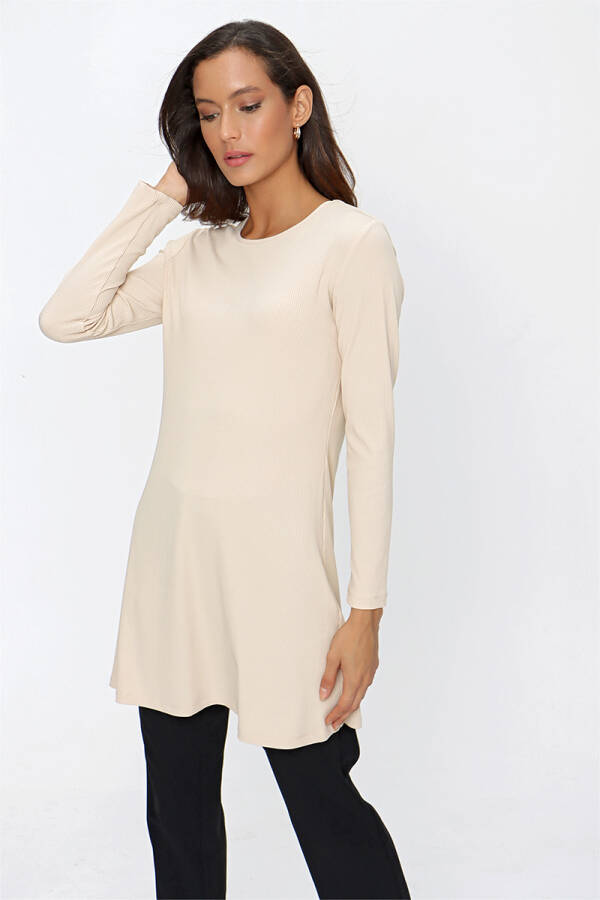 Bej Fitilli Örme Tunik - 2