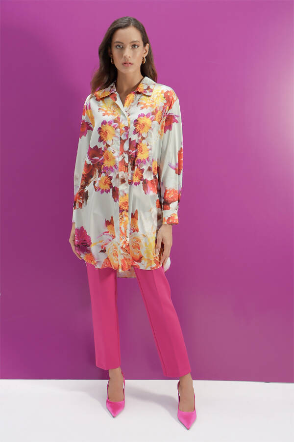 Turuncu Çiçek Desen Rahat Kesim Tunik - 2