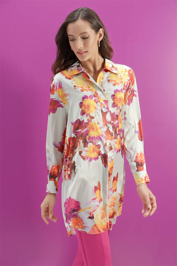Turuncu Çiçek Desen Rahat Kesim Tunik - 3