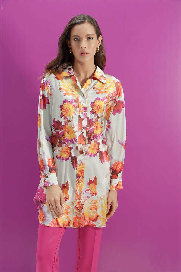 Turuncu Çiçek Desen Rahat Kesim Tunik - 4