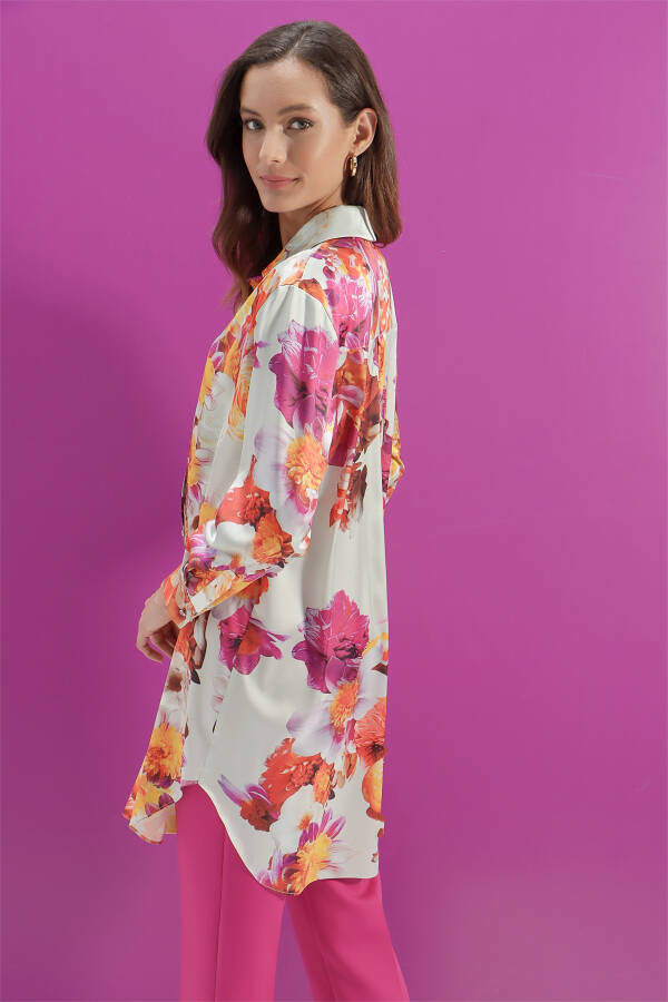 Turuncu Çiçek Desen Rahat Kesim Tunik - 6