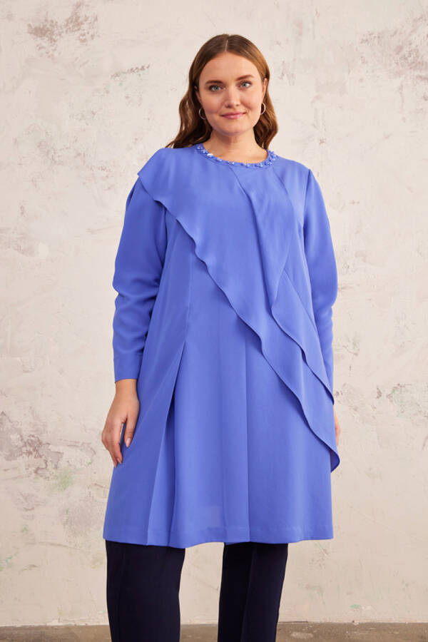 Menekşe Yakası İşlemeli Volanlı Tunik - 1