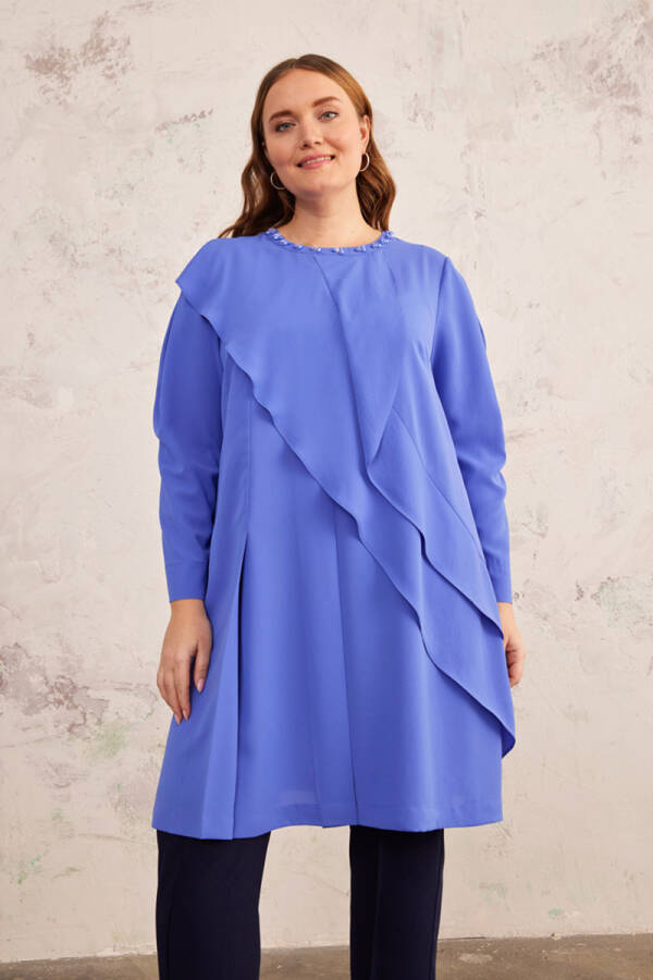 Menekşe Yakası İşlemeli Volanlı Tunik - 3