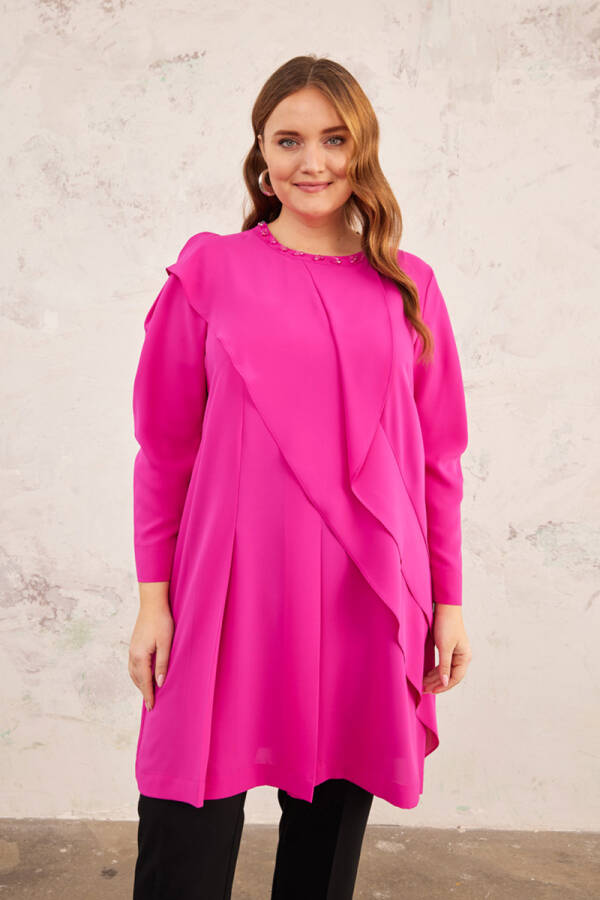 Fuşya Yakası İşlemeli Volanlı Tunik - 1