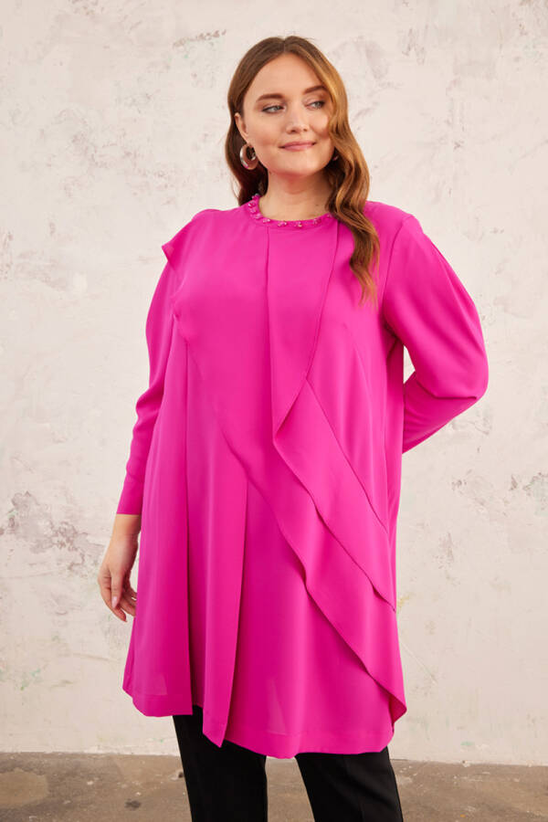 Fuşya Yakası İşlemeli Volanlı Tunik - 2