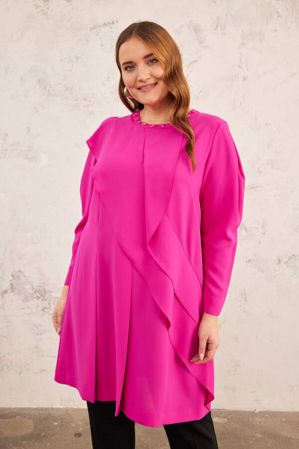Fuşya Yakası İşlemeli Volanlı Tunik - 3