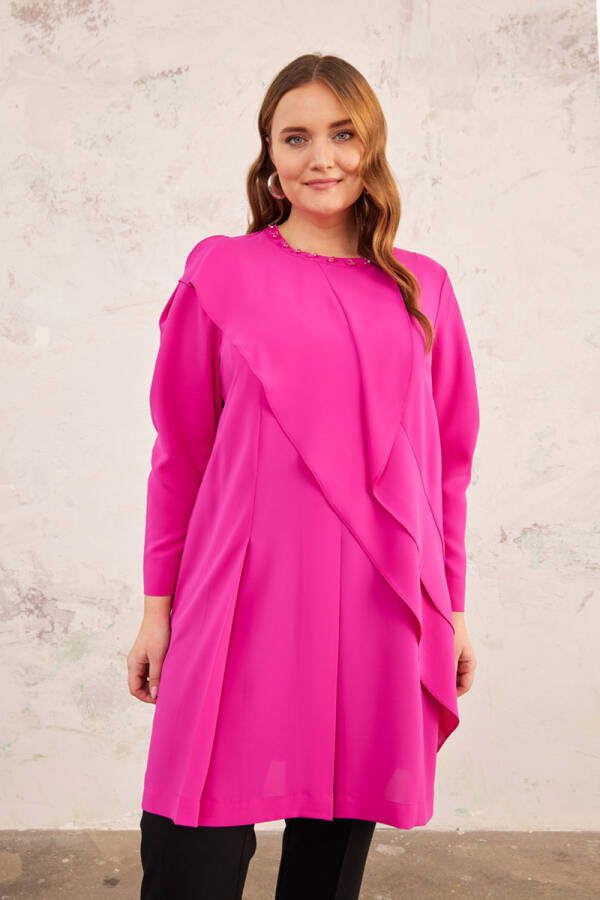Fuşya Yakası İşlemeli Volanlı Tunik - 4