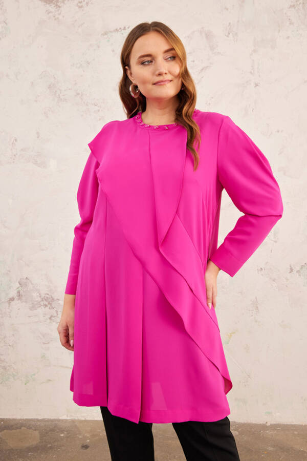 Fuşya Yakası İşlemeli Volanlı Tunik - 5