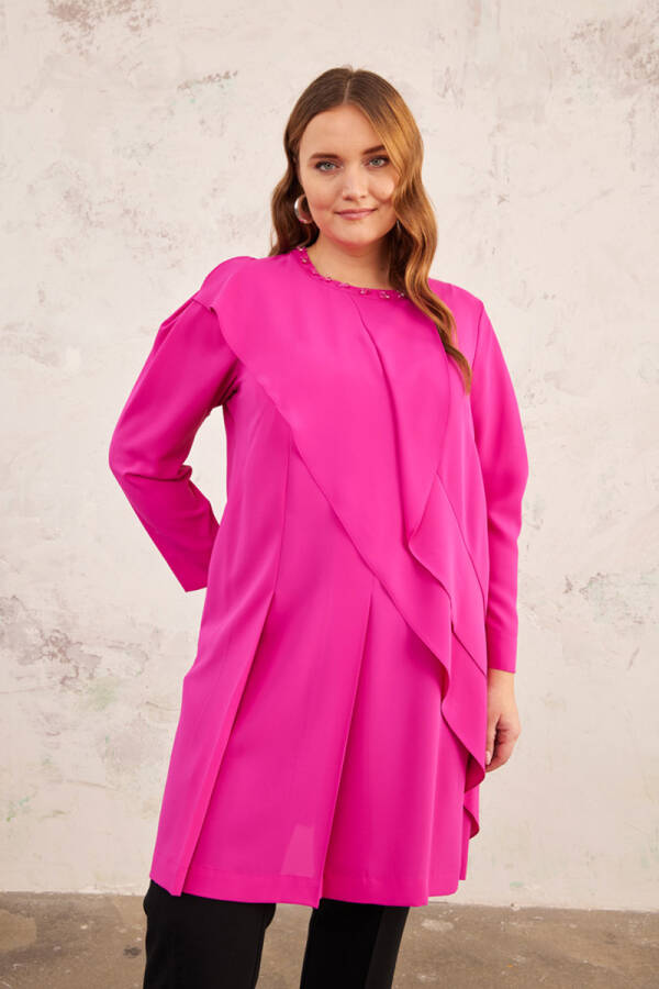 Fuşya Yakası İşlemeli Volanlı Tunik - 6