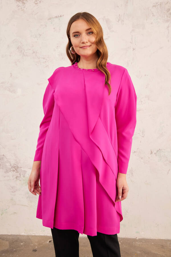 Fuşya Yakası İşlemeli Volanlı Tunik - 7