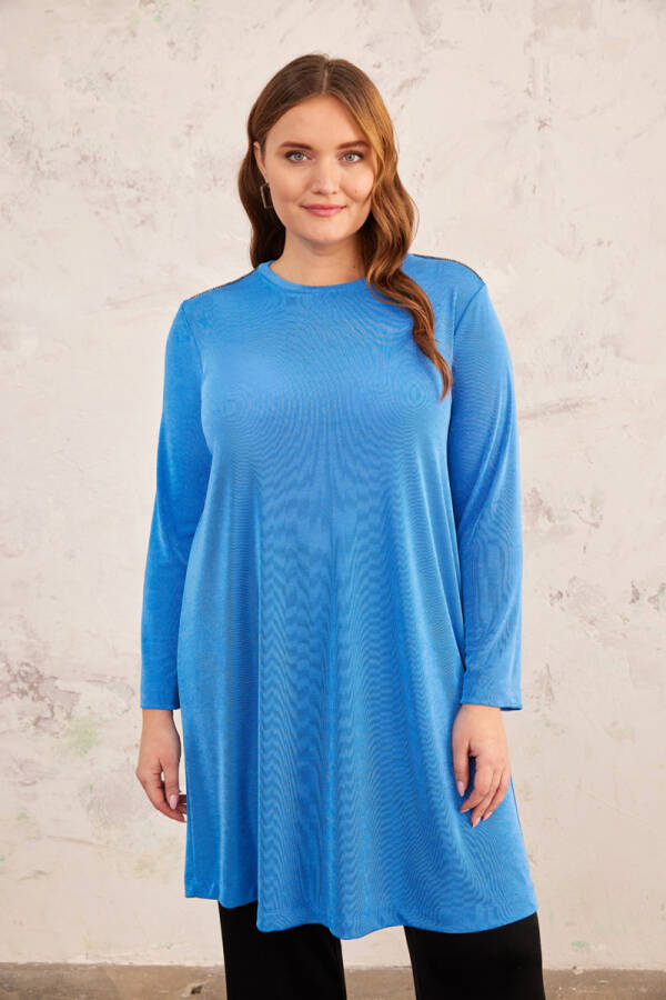 Mavi Omuzları Zincir Detaylı Örme Tunik - 1