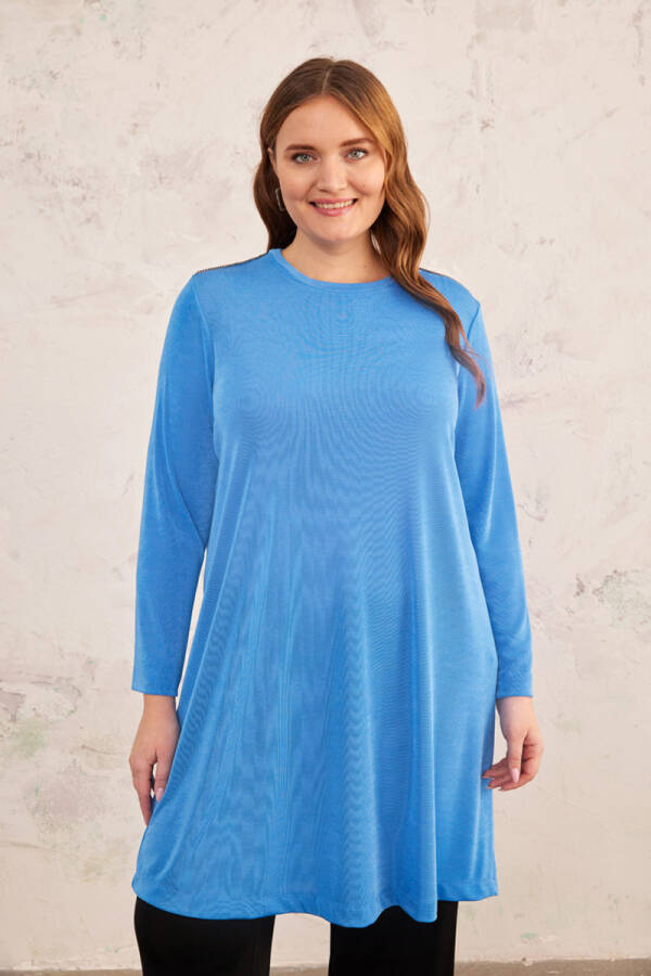 Mavi Omuzları Zincir Detaylı Örme Tunik - 2