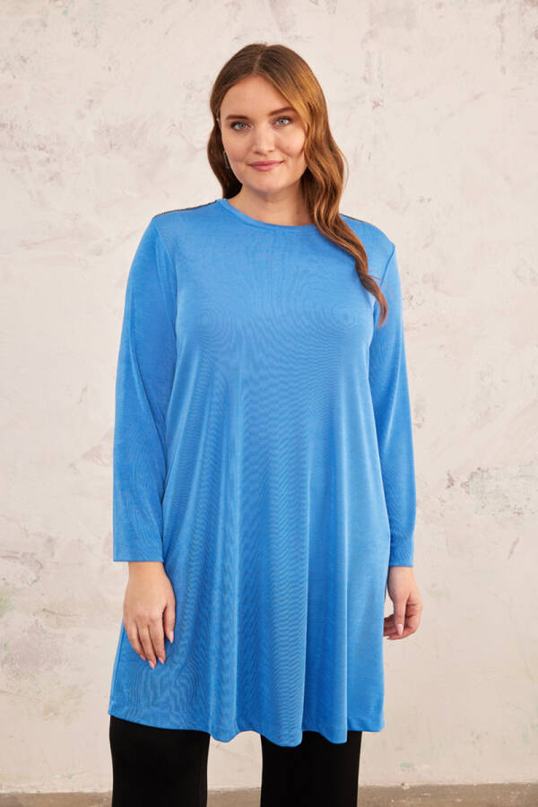 Mavi Omuzları Zincir Detaylı Örme Tunik - 3