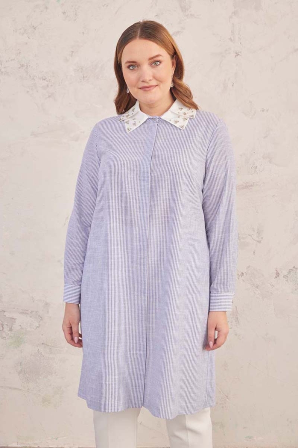 Mavi Yakası İşlemeli Çizgili Tunik - 2