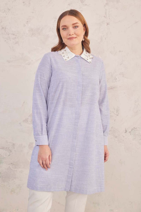 Mavi Yakası İşlemeli Çizgili Tunik - 3