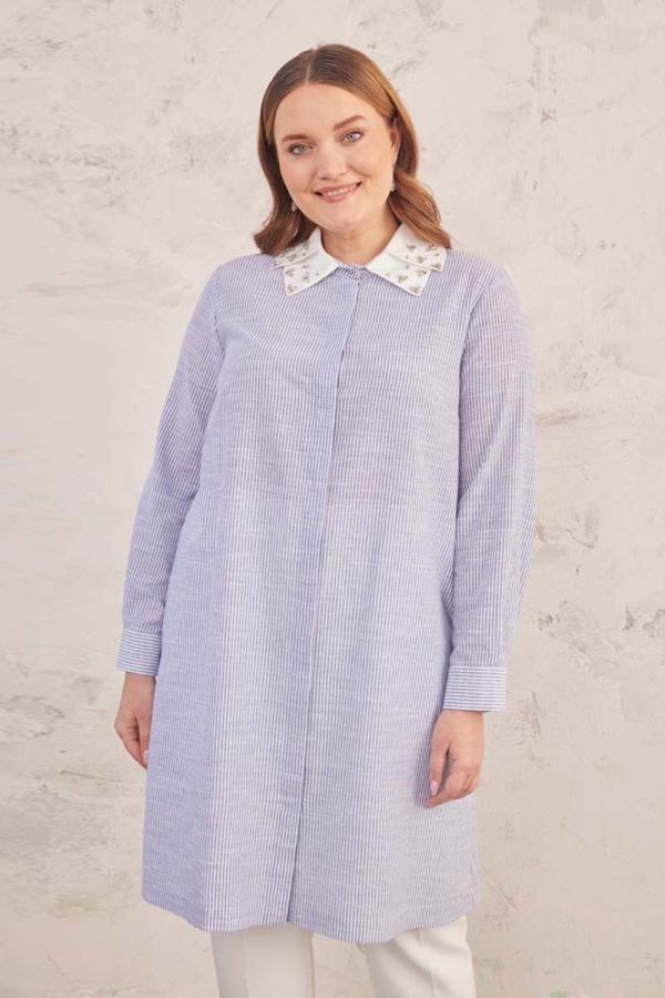 Mavi Yakası İşlemeli Çizgili Tunik - 6