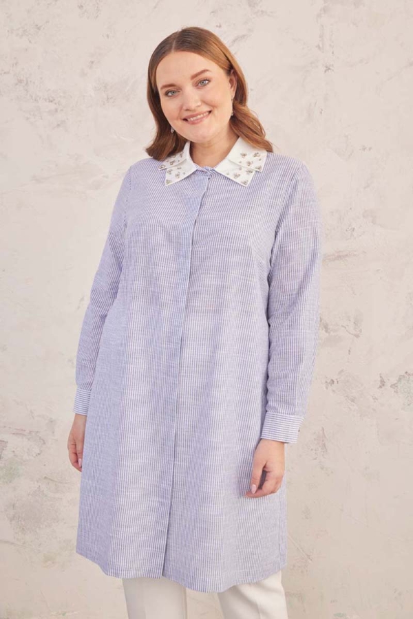 Mavi Yakası İşlemeli Çizgili Tunik - 7