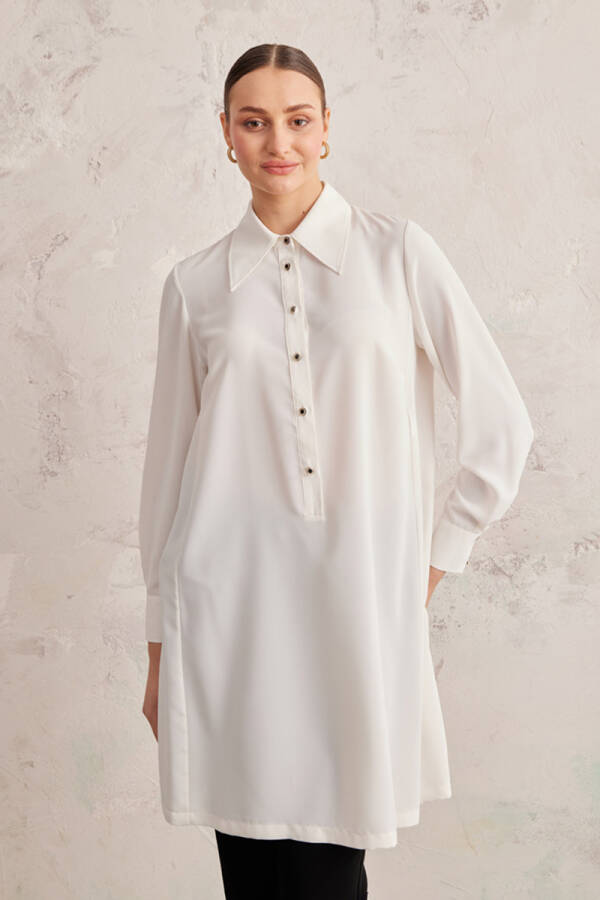 Ekru Geniş Yaka Yarım Patlı Tunik - 1