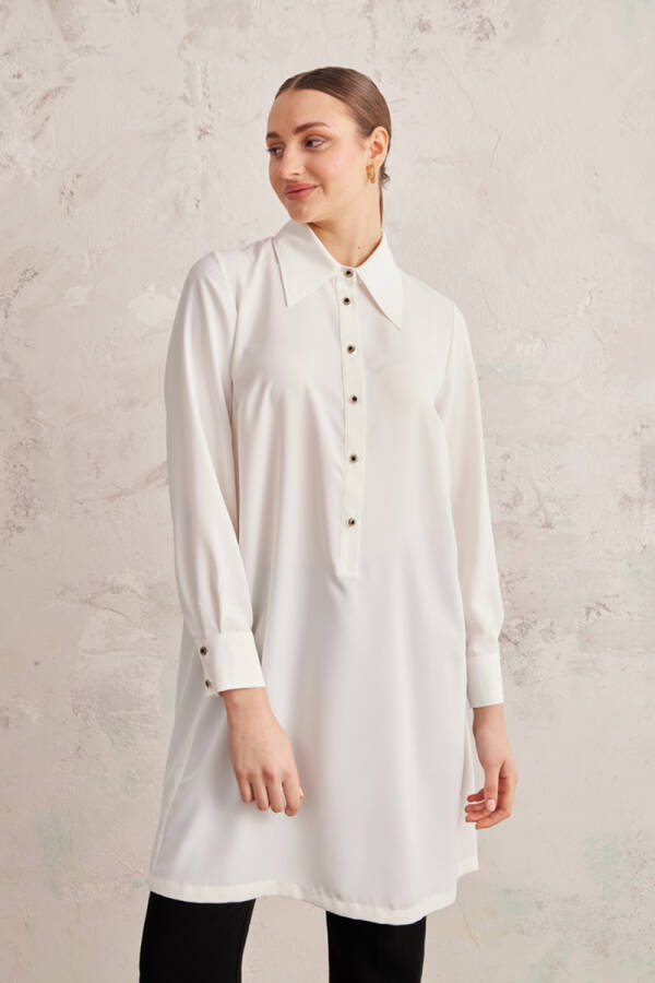 Ekru Geniş Yaka Yarım Patlı Tunik - 3