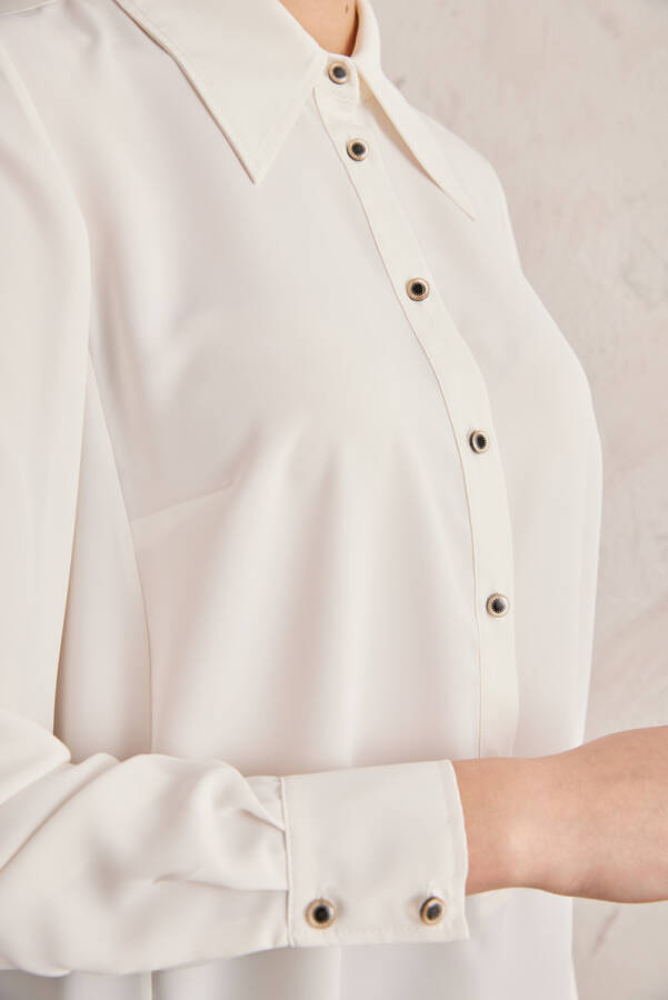 Ekru Geniş Yaka Yarım Patlı Tunik - 4