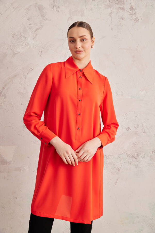 Mercan Geniş Yaka Yarım Patlı Tunik - 3