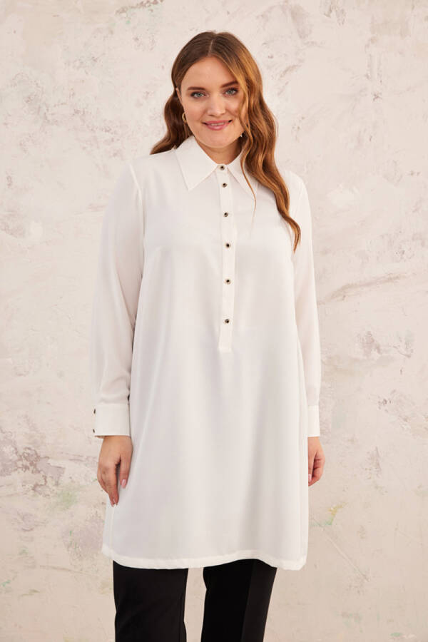 Ekru Geniş Yaka Yarım Patlı Tunik - 1