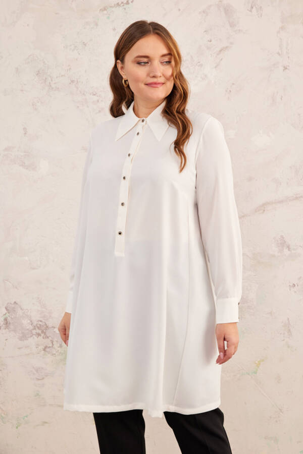 Ekru Geniş Yaka Yarım Patlı Tunik - 3