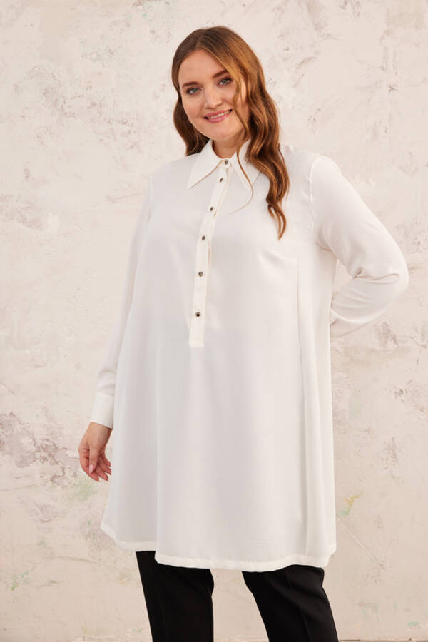Ekru Geniş Yaka Yarım Patlı Tunik - 4