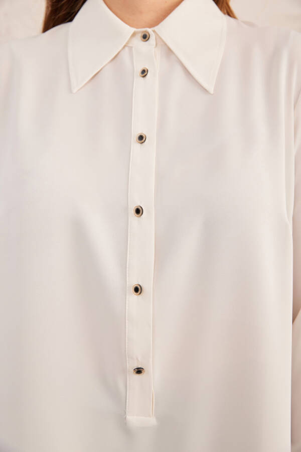 Ekru Geniş Yaka Yarım Patlı Tunik - 5