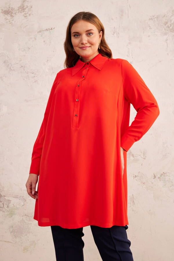 Mercan Geniş Yaka Yarım Patlı Tunik - 4