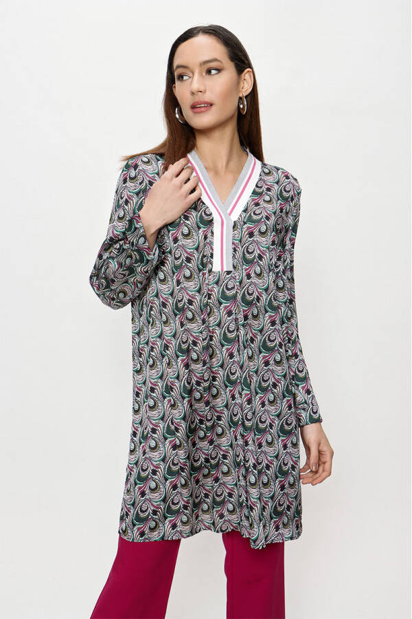 Yeşil Yakası Ribana Detaylı Empirme Tunik - 5