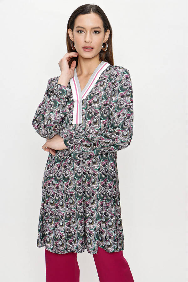 Yeşil Yakası Ribana Detaylı Empirme Tunik - 6