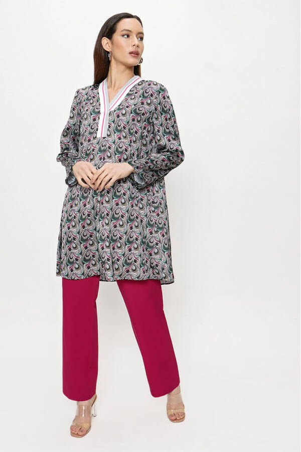 Yeşil Yakası Ribana Detaylı Empirme Tunik - 1