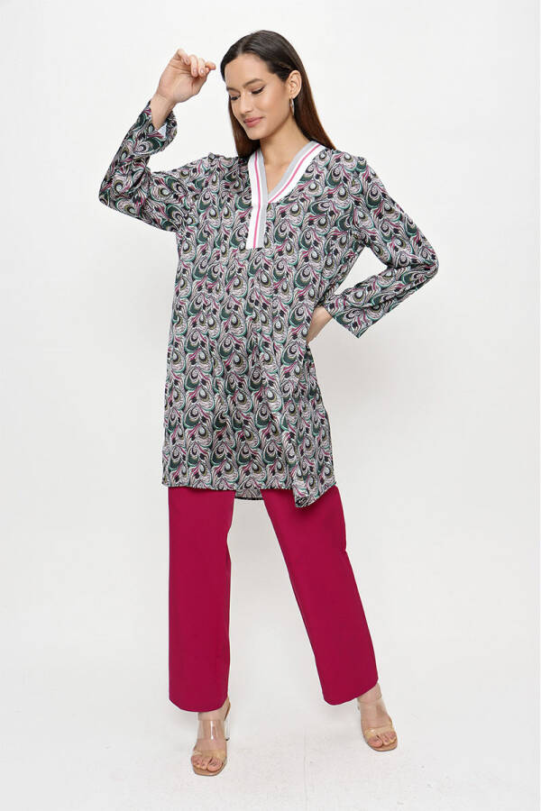 Yeşil Yakası Ribana Detaylı Empirme Tunik - 2