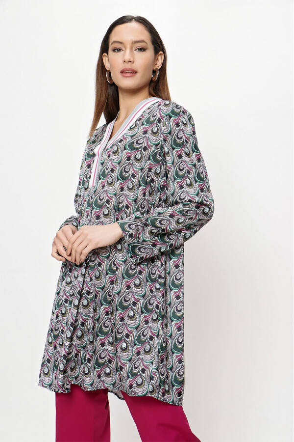 Yeşil Yakası Ribana Detaylı Empirme Tunik - 4