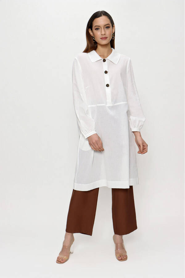 Ekru İşleme Detaylı Keten Tunik - 1