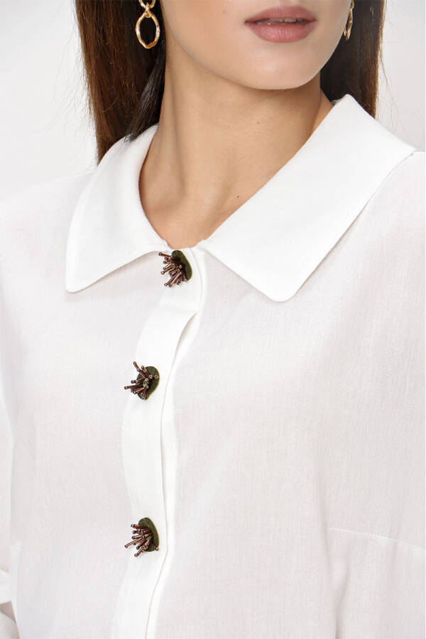 Ekru İşleme Detaylı Keten Tunik - 7