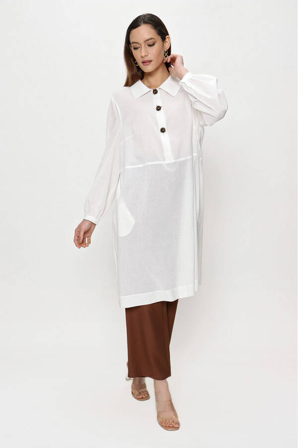 Ekru İşleme Detaylı Keten Tunik - 3