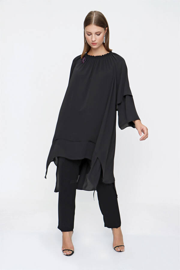 Siyah Yakası Büzgü Detaylı Katmanlı Tunik - 4
