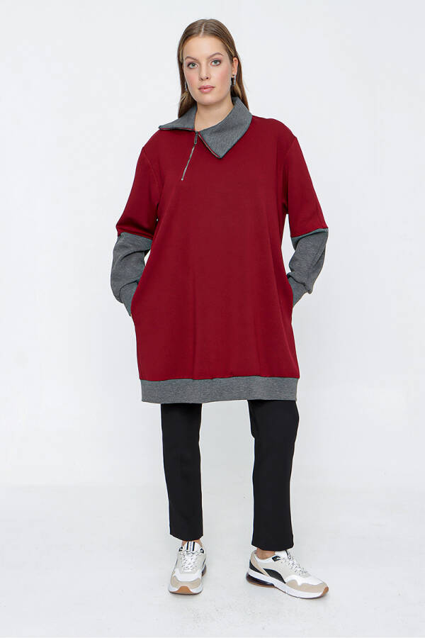 Bordo Örme Kumaş Fermuarlı Detaylı Sweat - 1