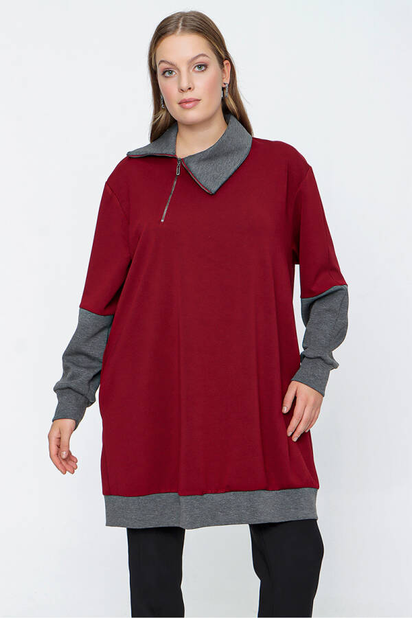 Bordo Örme Kumaş Fermuarlı Detaylı Sweat - 3
