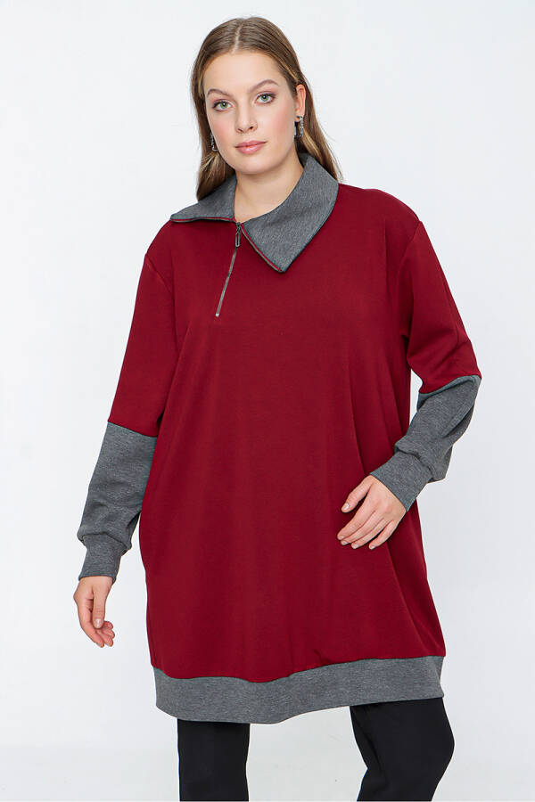 Bordo Örme Kumaş Fermuarlı Detaylı Sweat - 5