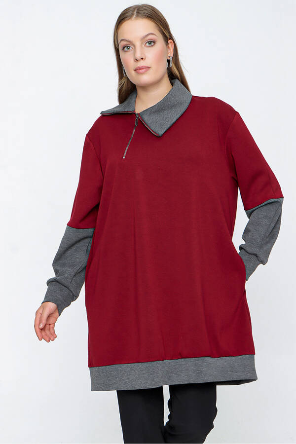 Bordo Örme Kumaş Fermuarlı Detaylı Sweat - 2