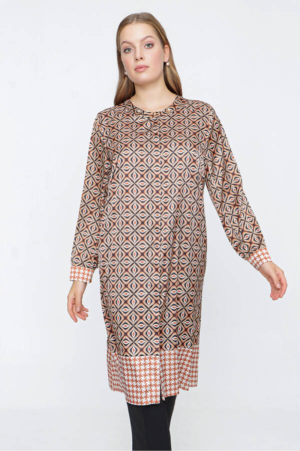 Camel Hakim Yaka Desenli Tunik - 1